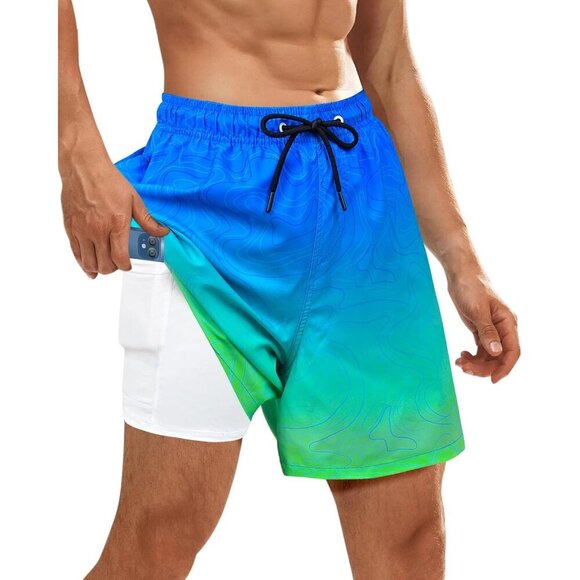 ✨Men Blue Swim Trunks Bathing Suits Board Beach Swim with Zipper Pocket Shorts